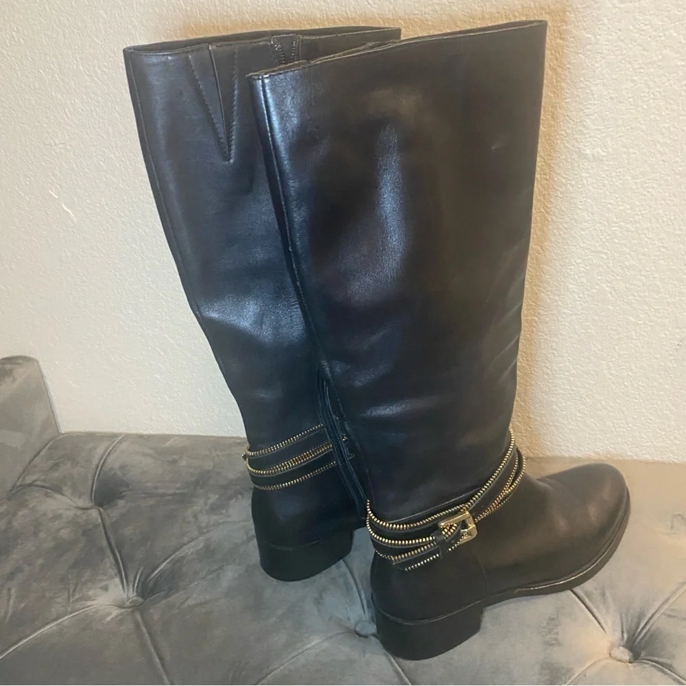 NWOB Heyraud Knee High Black Leather Boots With Gold Hardware - Size 40